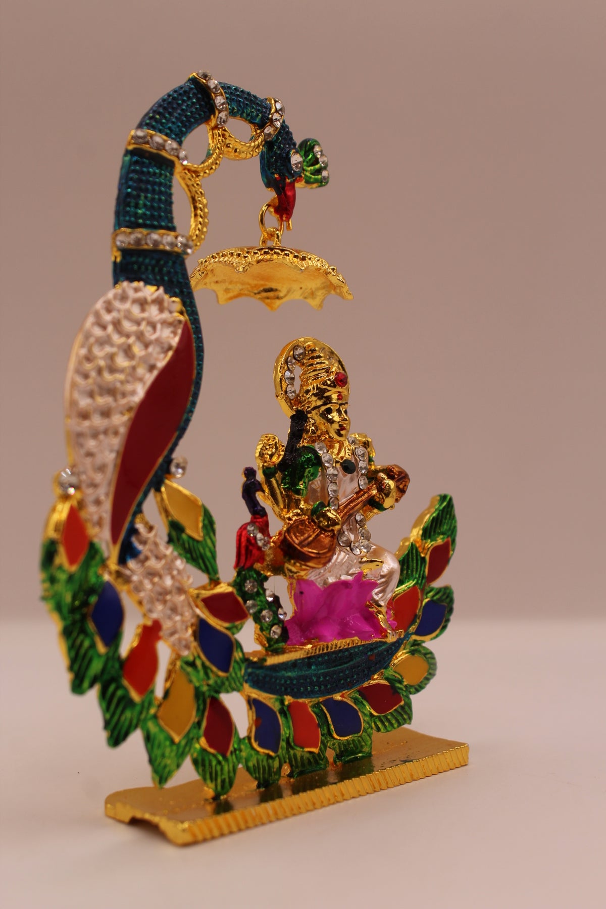 Saraswati Murti with Peacock – Colourful Metal, 4.5 inch – left side view