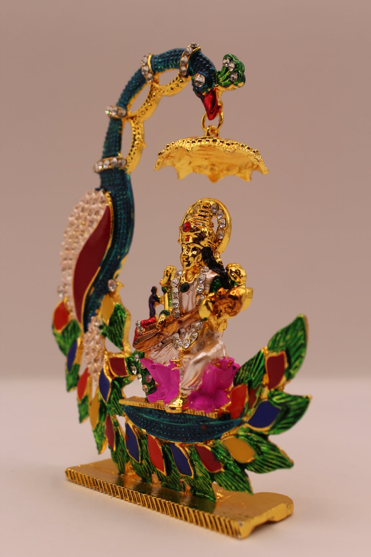 Saraswati Murti with Peacock – Colourful Metal, 4.5 inch – right side view