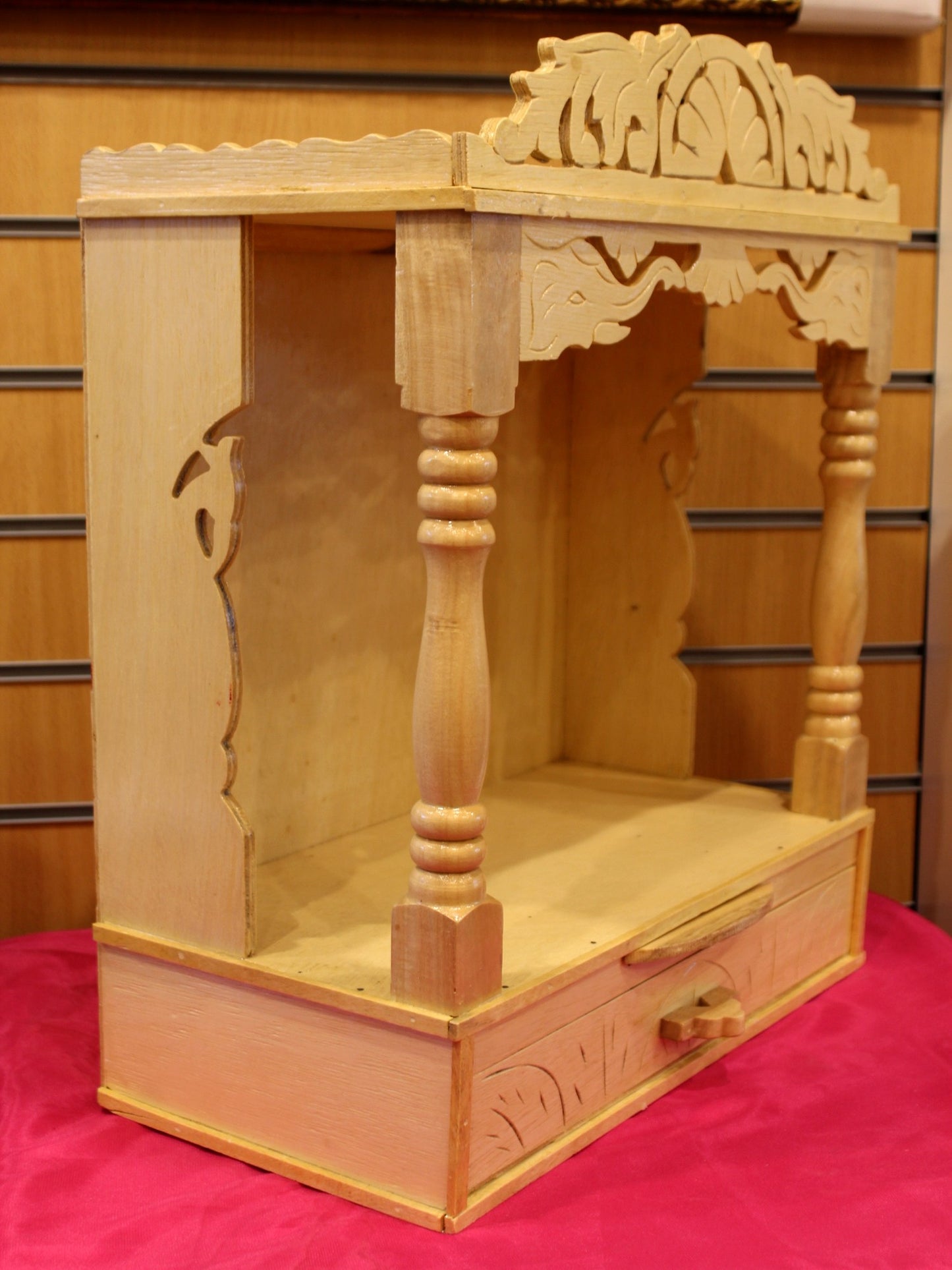 Sevan wood mandir 16 x 8 inch, angled view showing depth and pillars