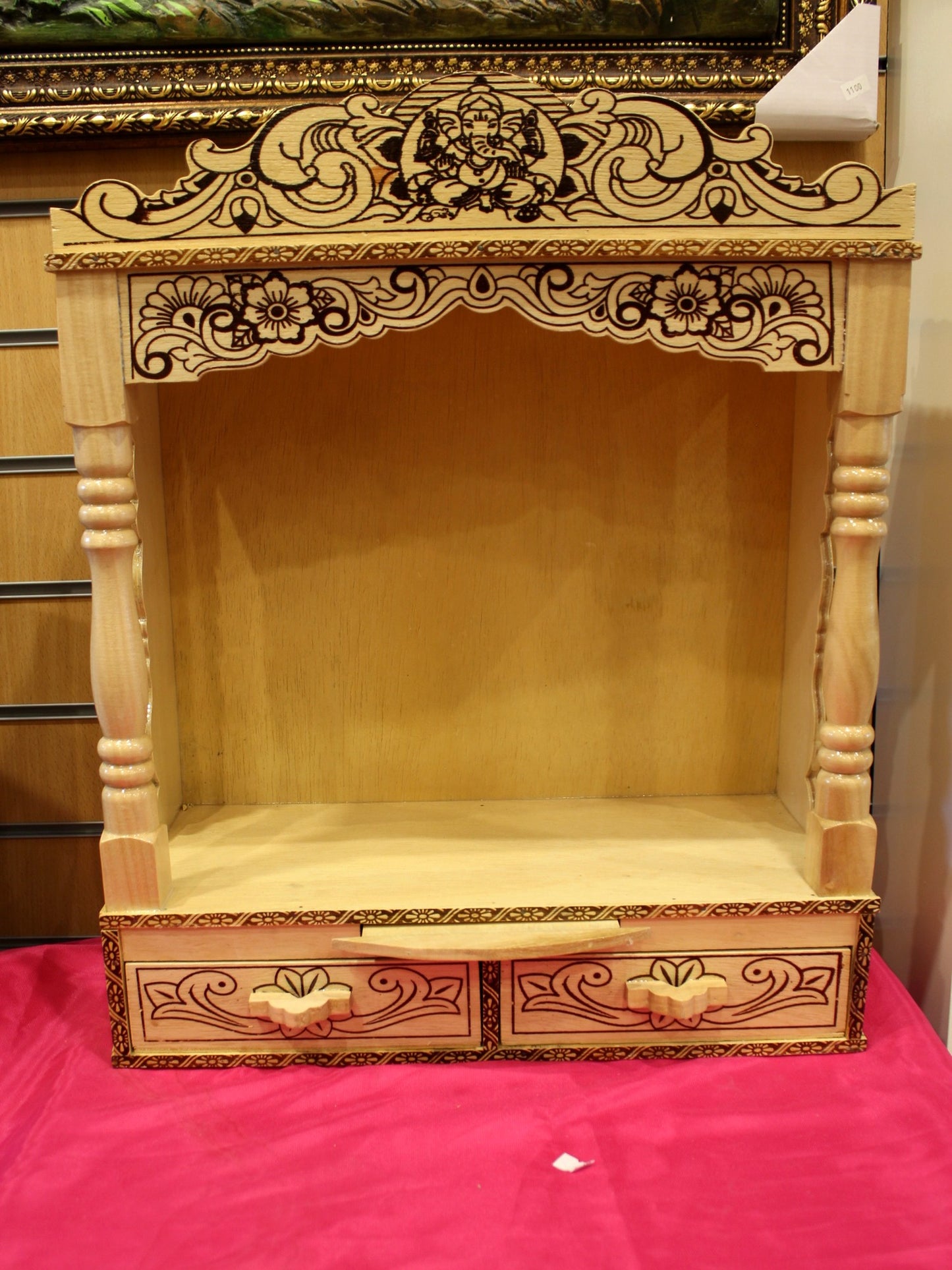 Sevan wood mandir with floral detailing, open front, 18 x 8 inch, front view