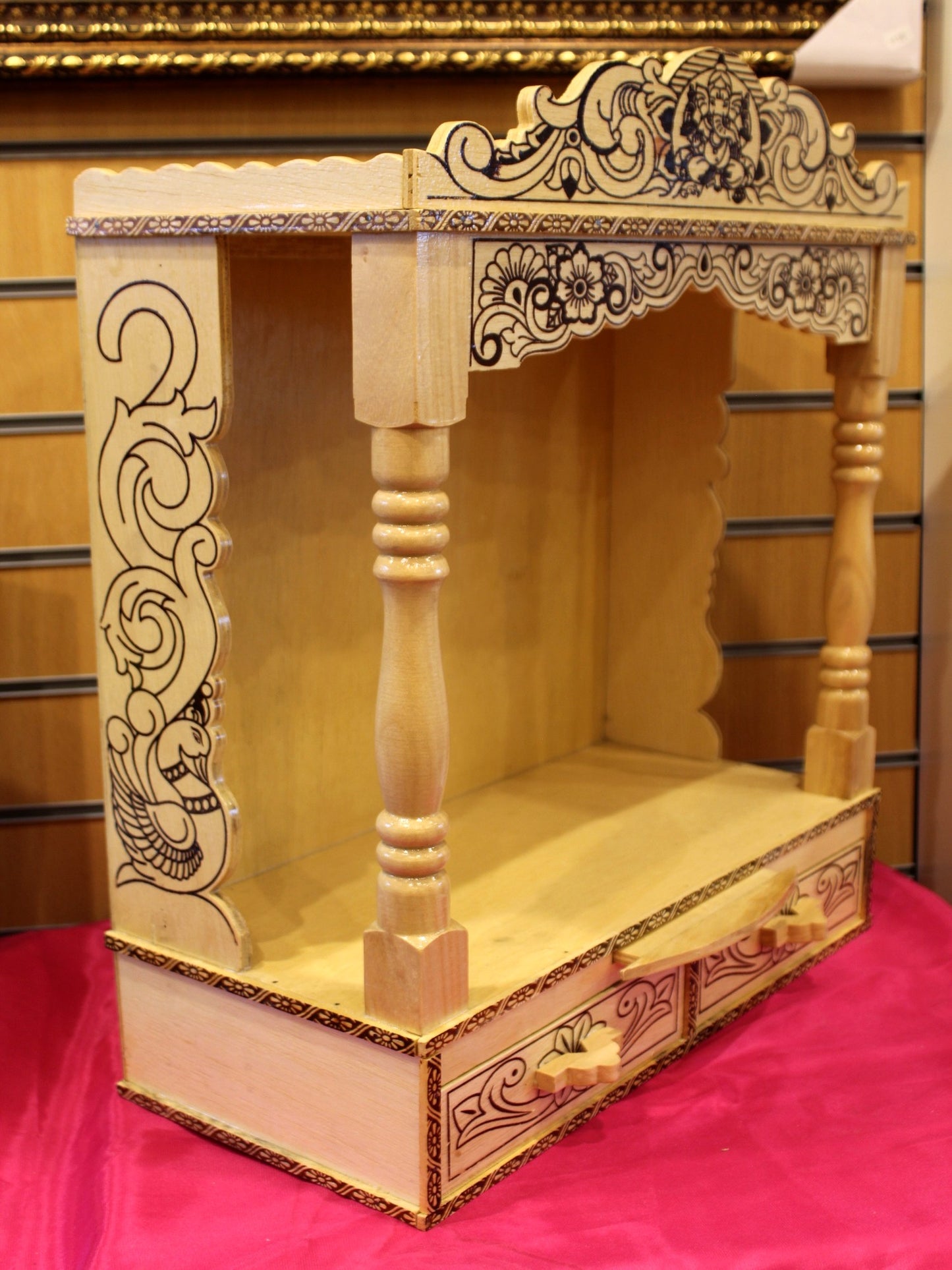 Sevan wood mandir 18 x 8 inch, angled view showing carved pillar detail