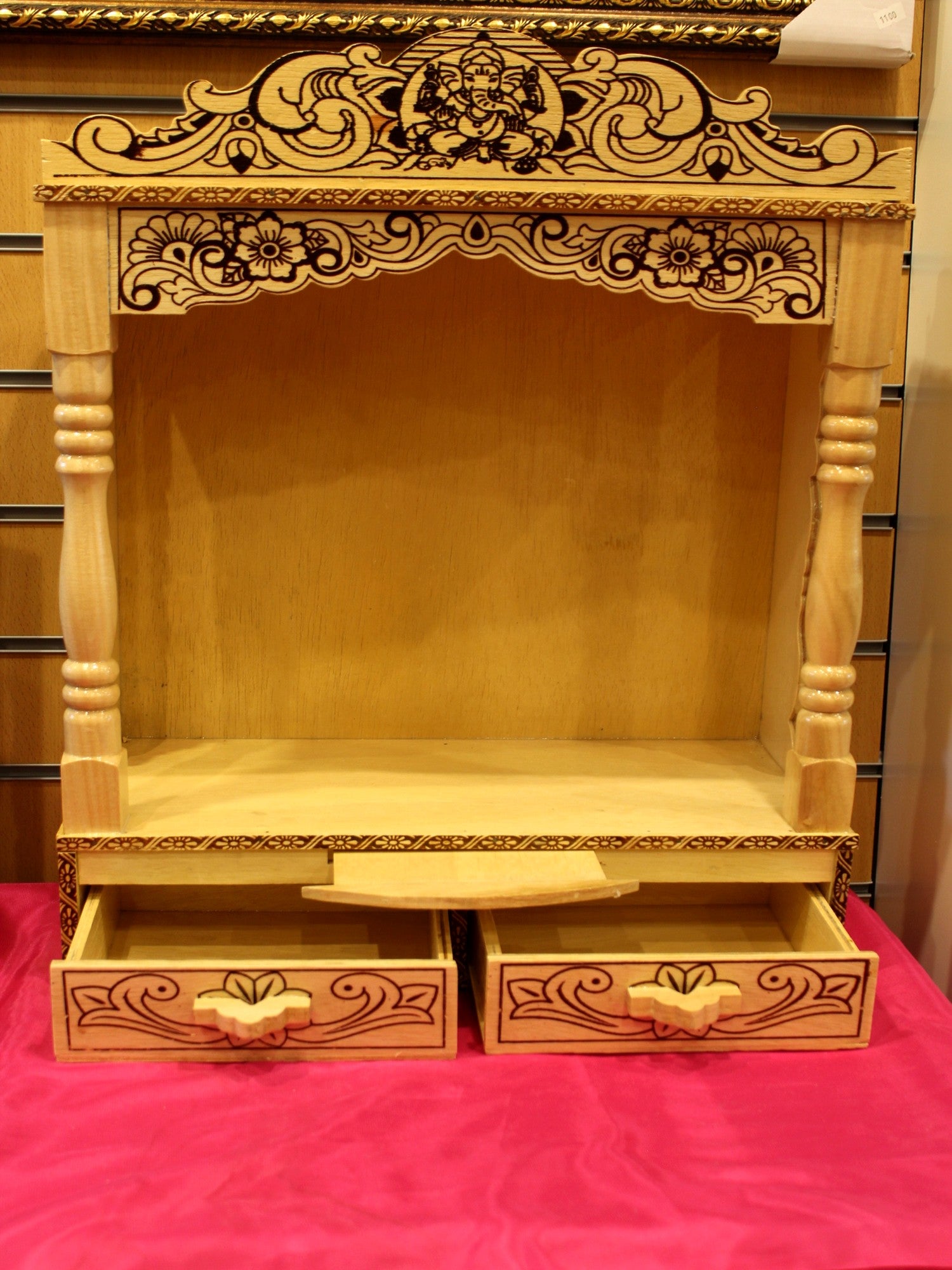 Sevan wood mandir 18 x 8 inch with both base drawers pulled open