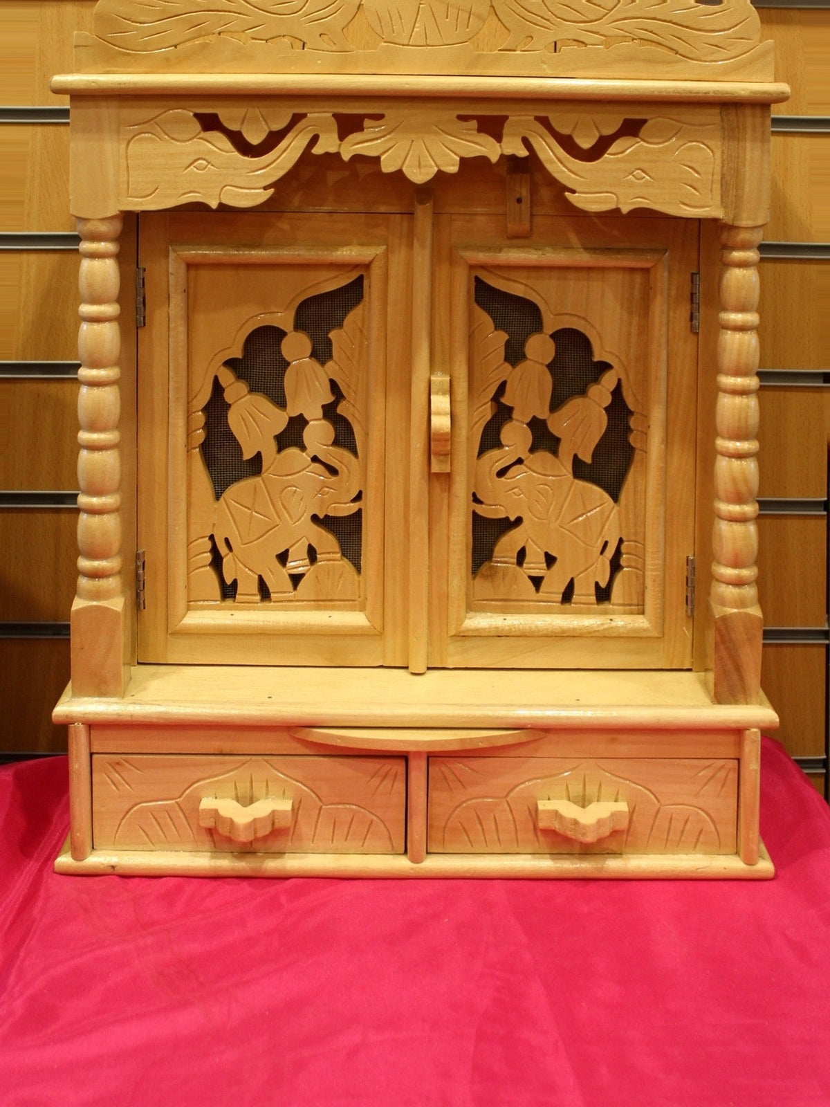 Hand-carved Sevan wood mandir with openwork doors, 18 x 8 inch, front view