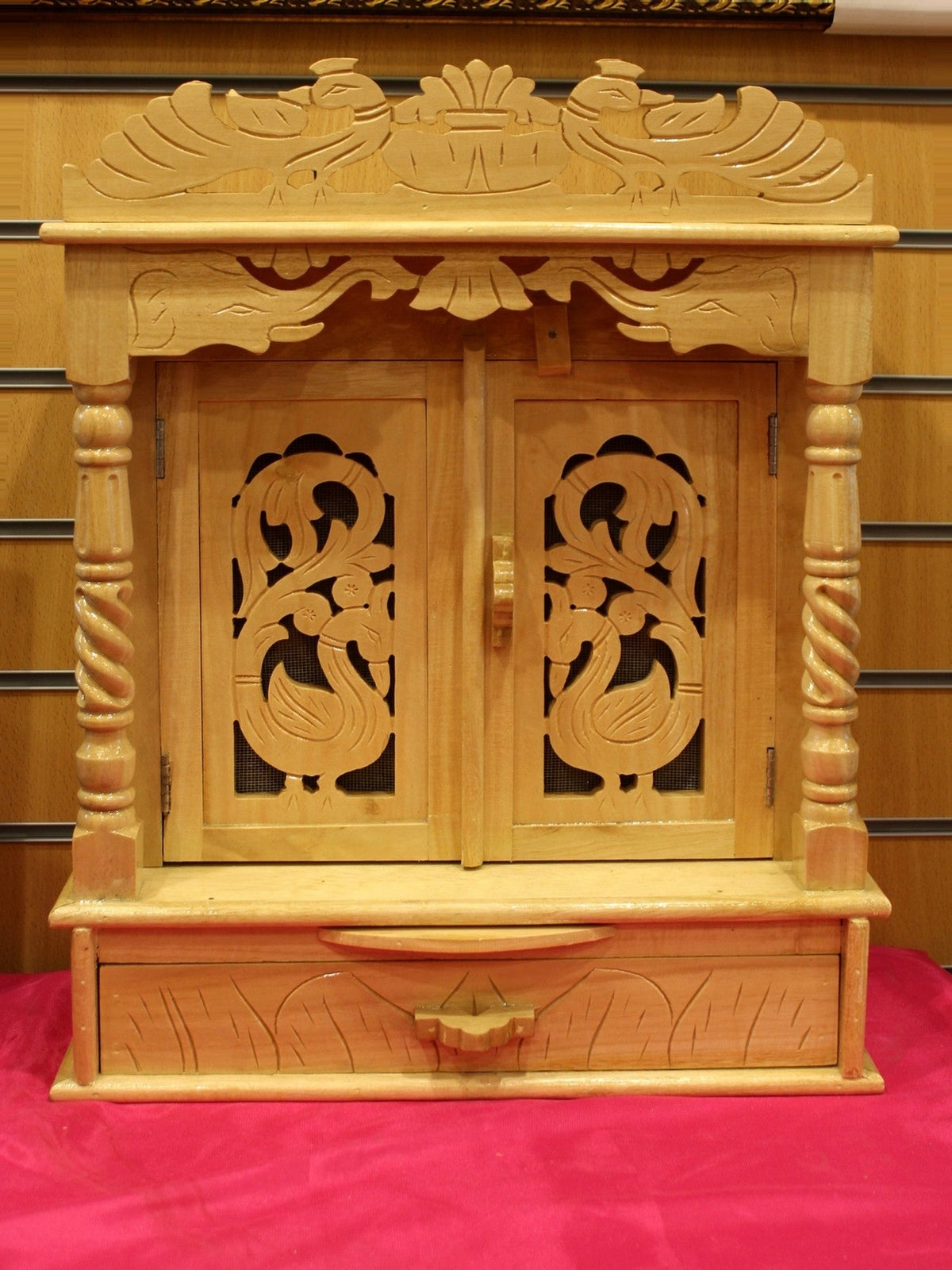 Hand-carved Sevan wood mandir with peacock doors, 16 x 8 inch, front view
