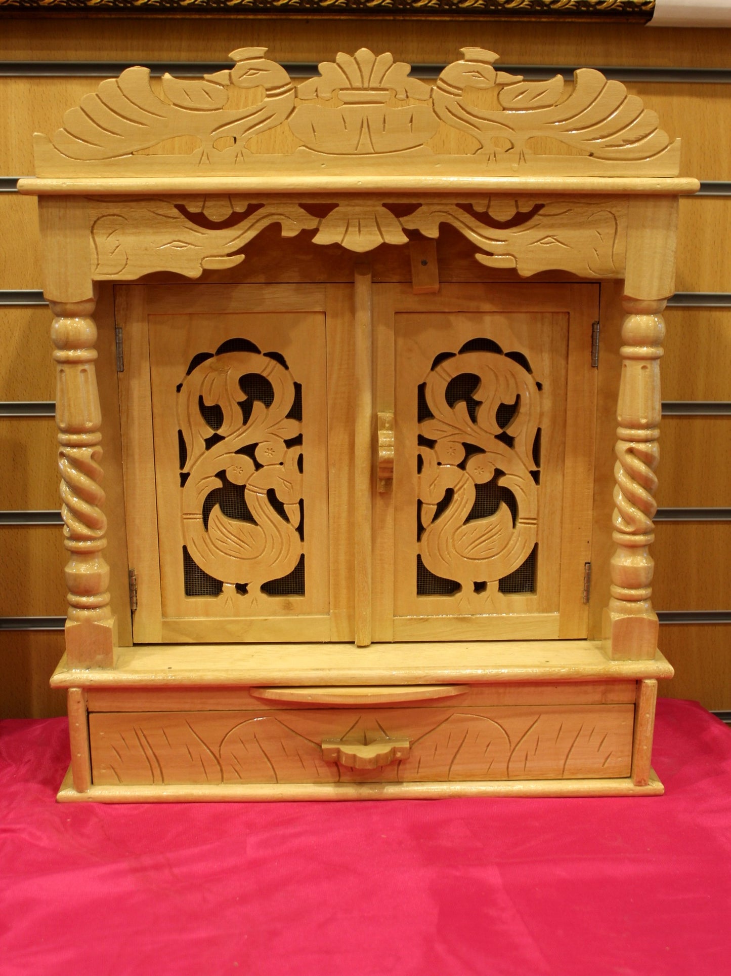 Hand-carved Sevan wood mandir with peacock doors, 16 x 8 inch, front view