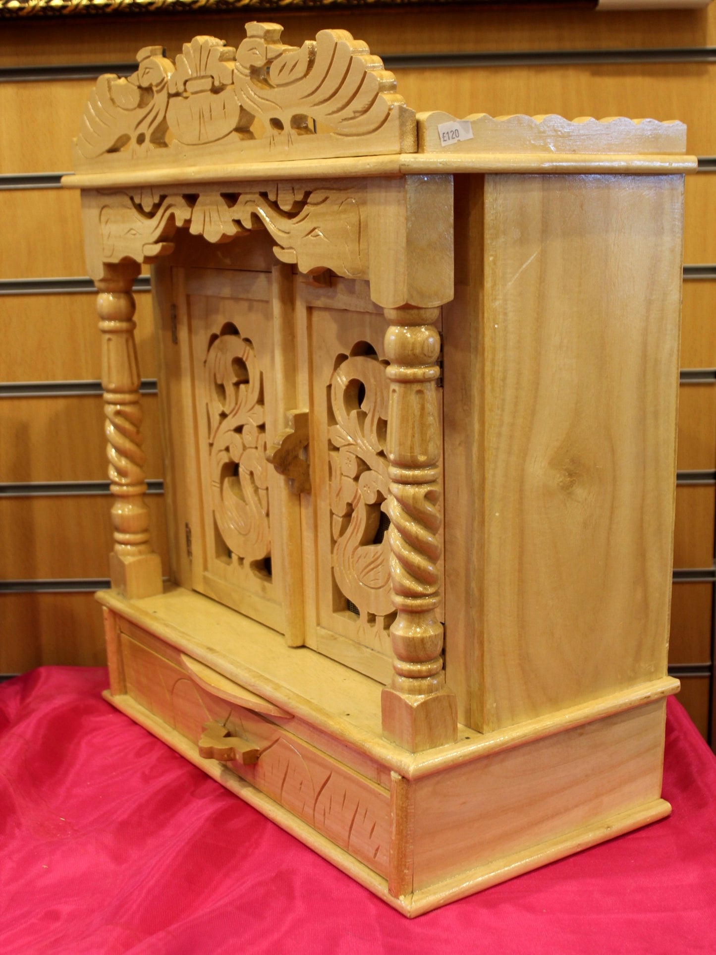 Sevan wood mandir 16 x 8 inch, side view with carved peacock door panel