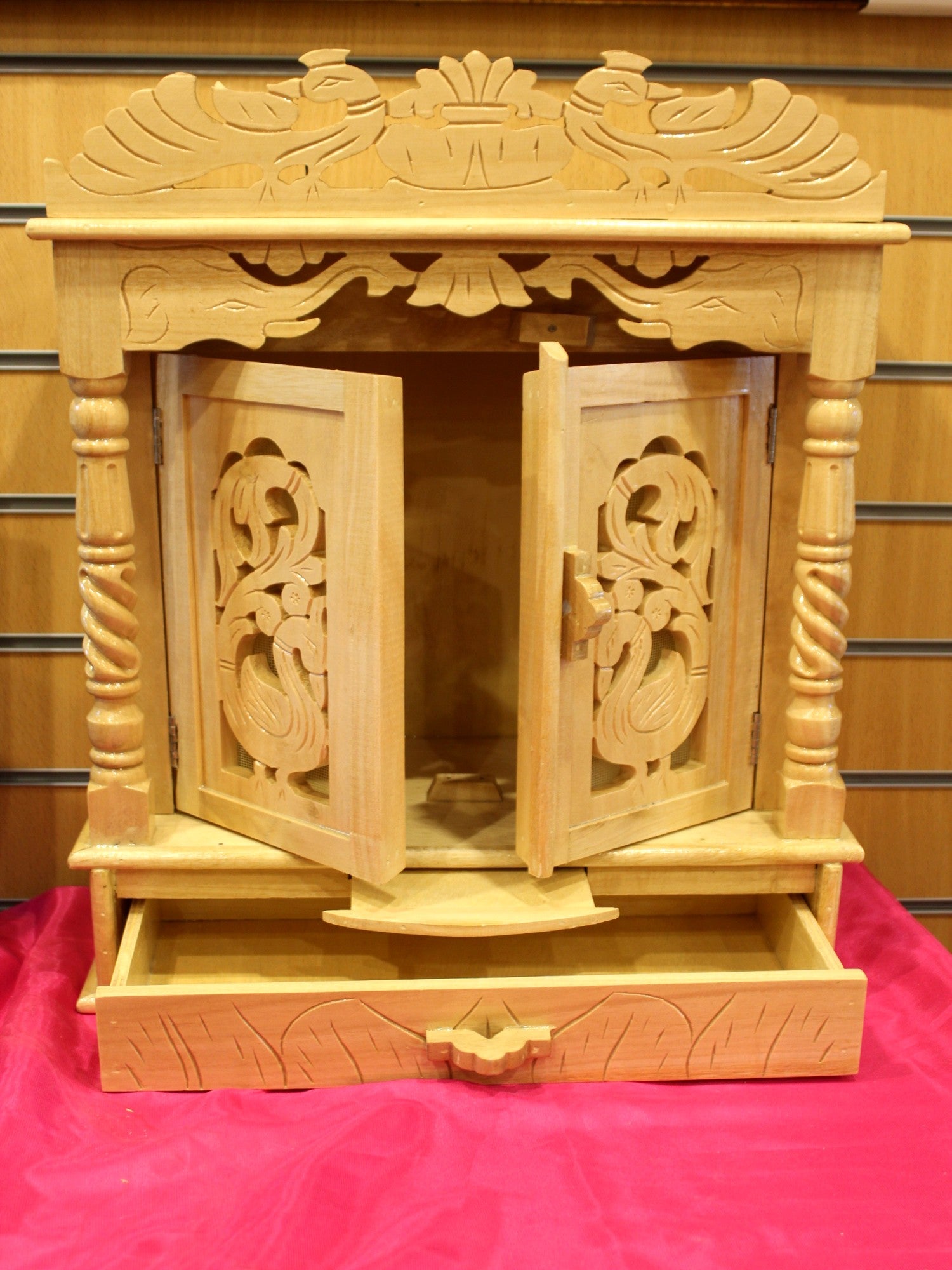 Sevan wood mandir 16 x 8 inch with doors open and drawer pulled out