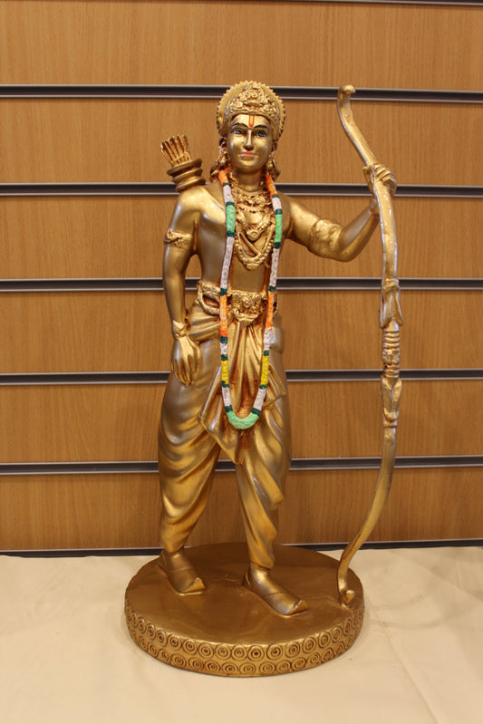 Resin/Fibre Shri Ram Statue for Home Temple – Gold Finish with Bow, 20 inch – front view