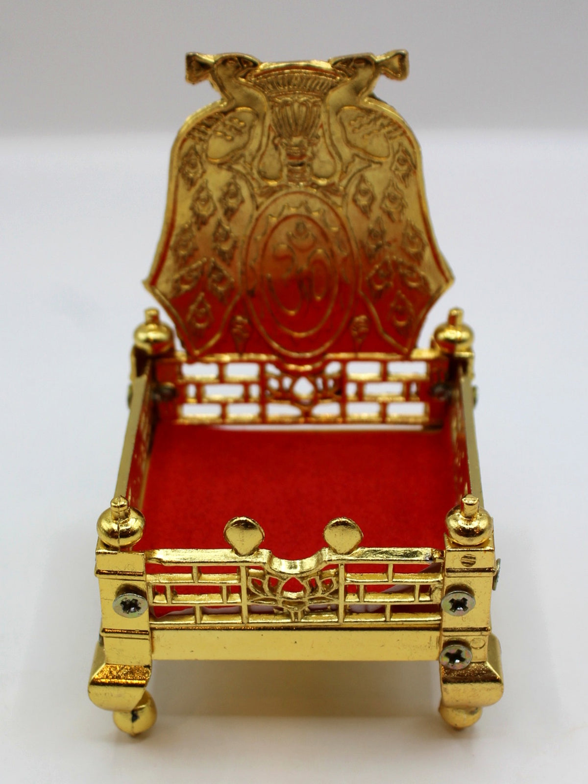 Gold metal sinhasan with red velvet seat, 6 x 6 x 10, front view