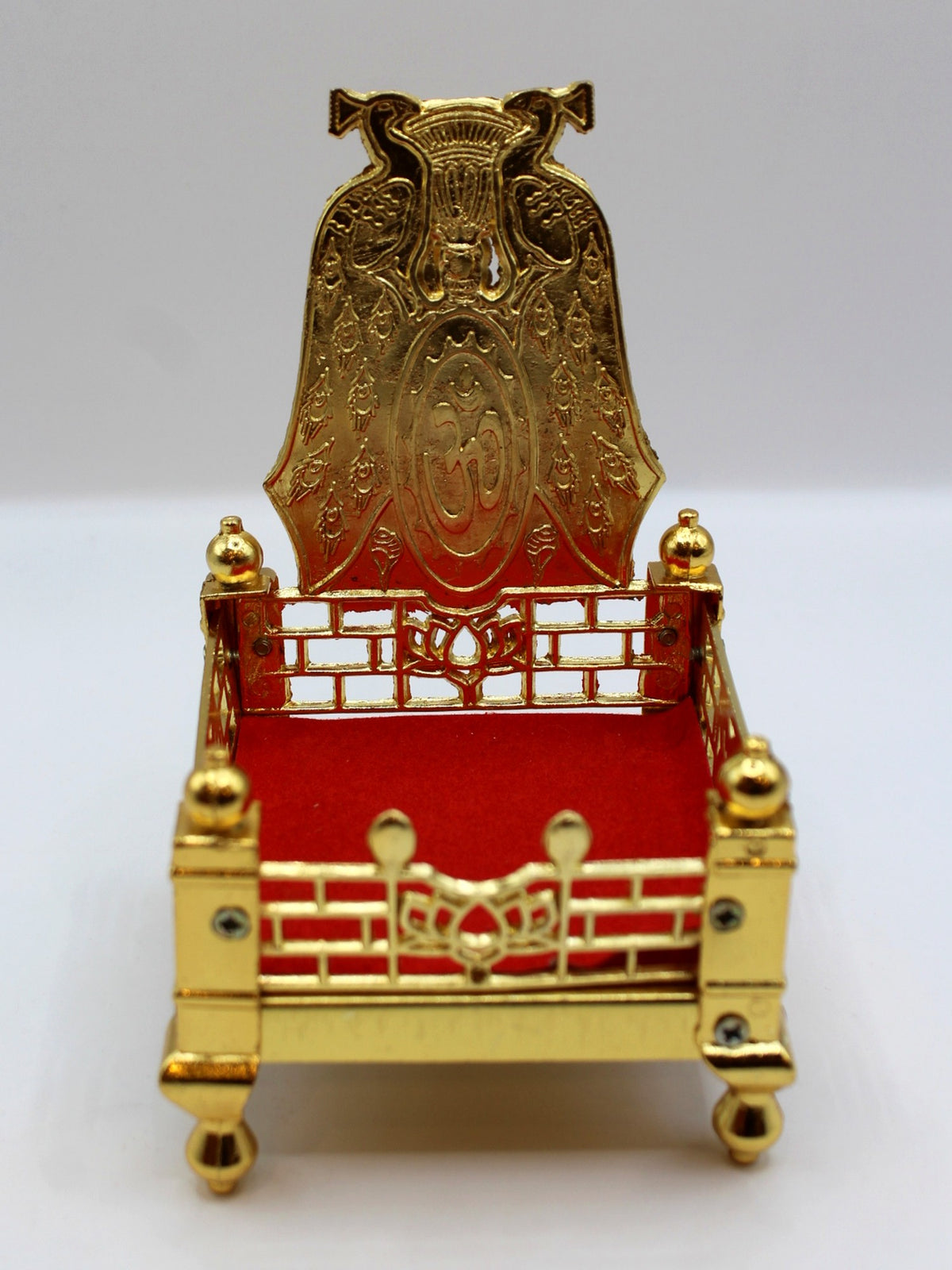 Gold metal sinhasan with red velvet seat, 9 x 9 x 15, front view