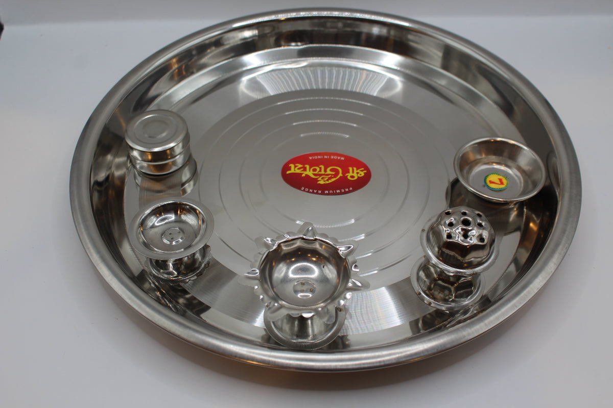Steel pooja thali 12 inch with diya and katoris – close-up