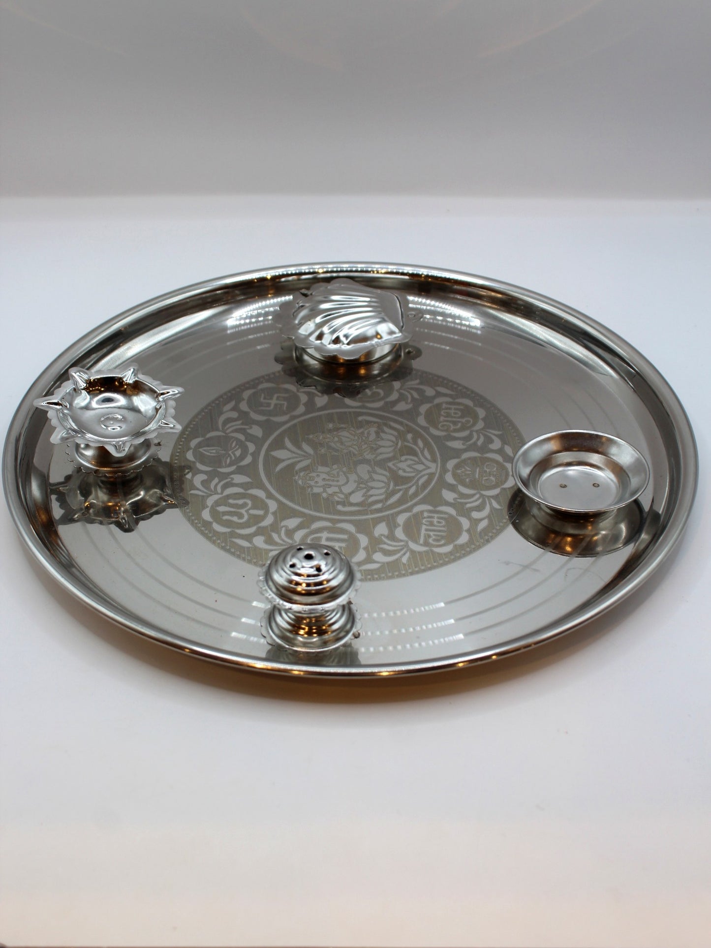 Fancy Steel Pooja Thali 11 inch – Shell Katori & Sun Diya