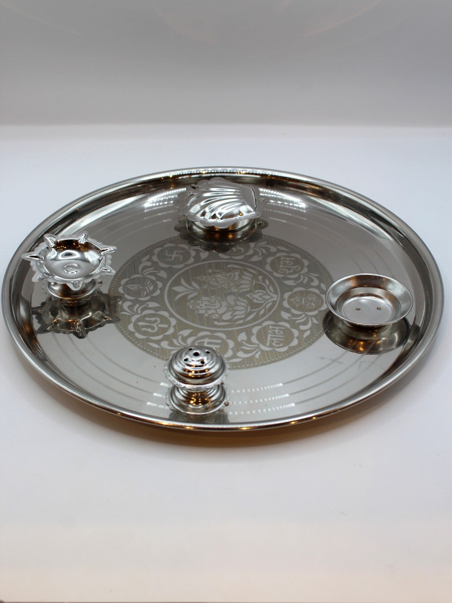 Fancy Steel Pooja Thali 11 inch – Shell Katori & Sun Diya