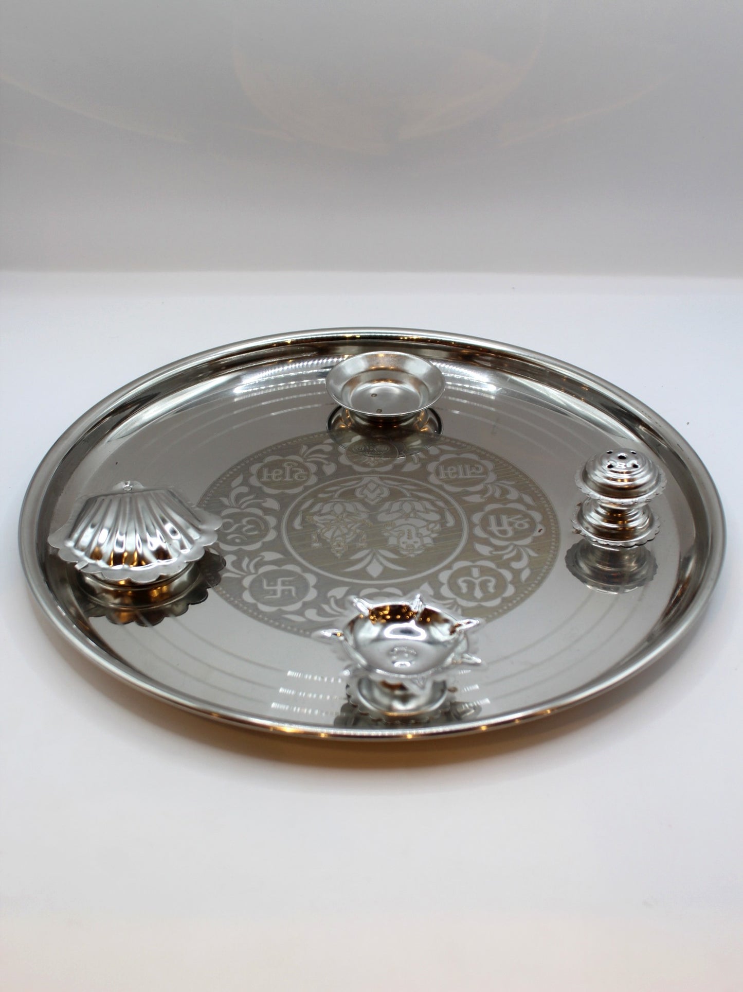 Fancy Steel Pooja Thali 11 inch – Shell Katori & Sun Diya
