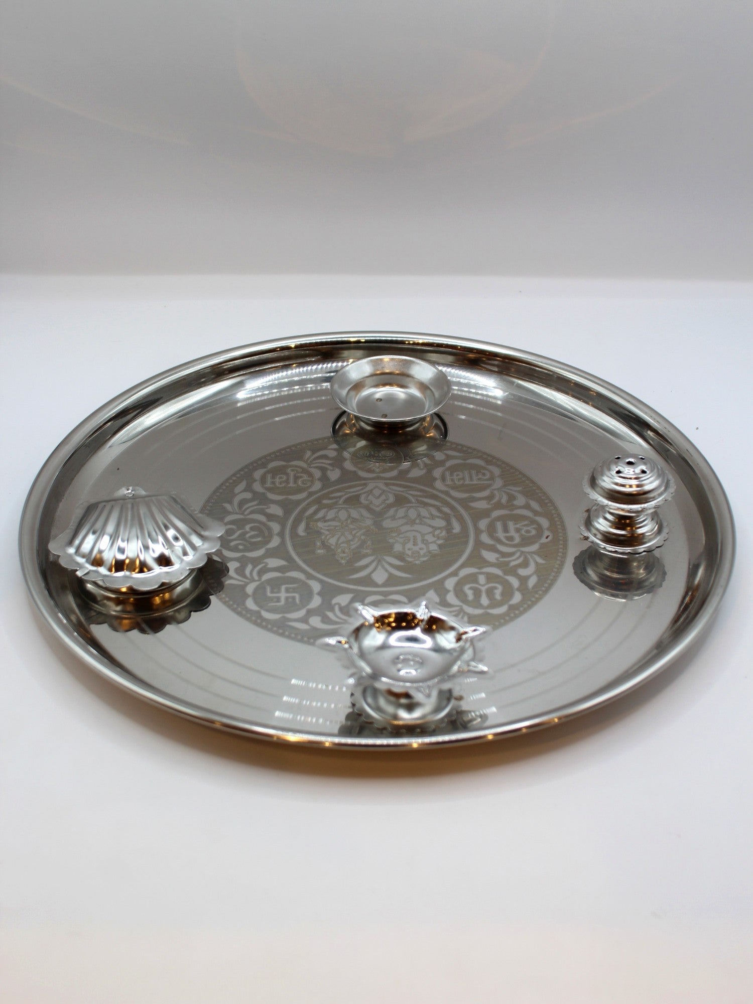 Fancy Steel Pooja Thali 11 inch – Shell Katori & Sun Diya
