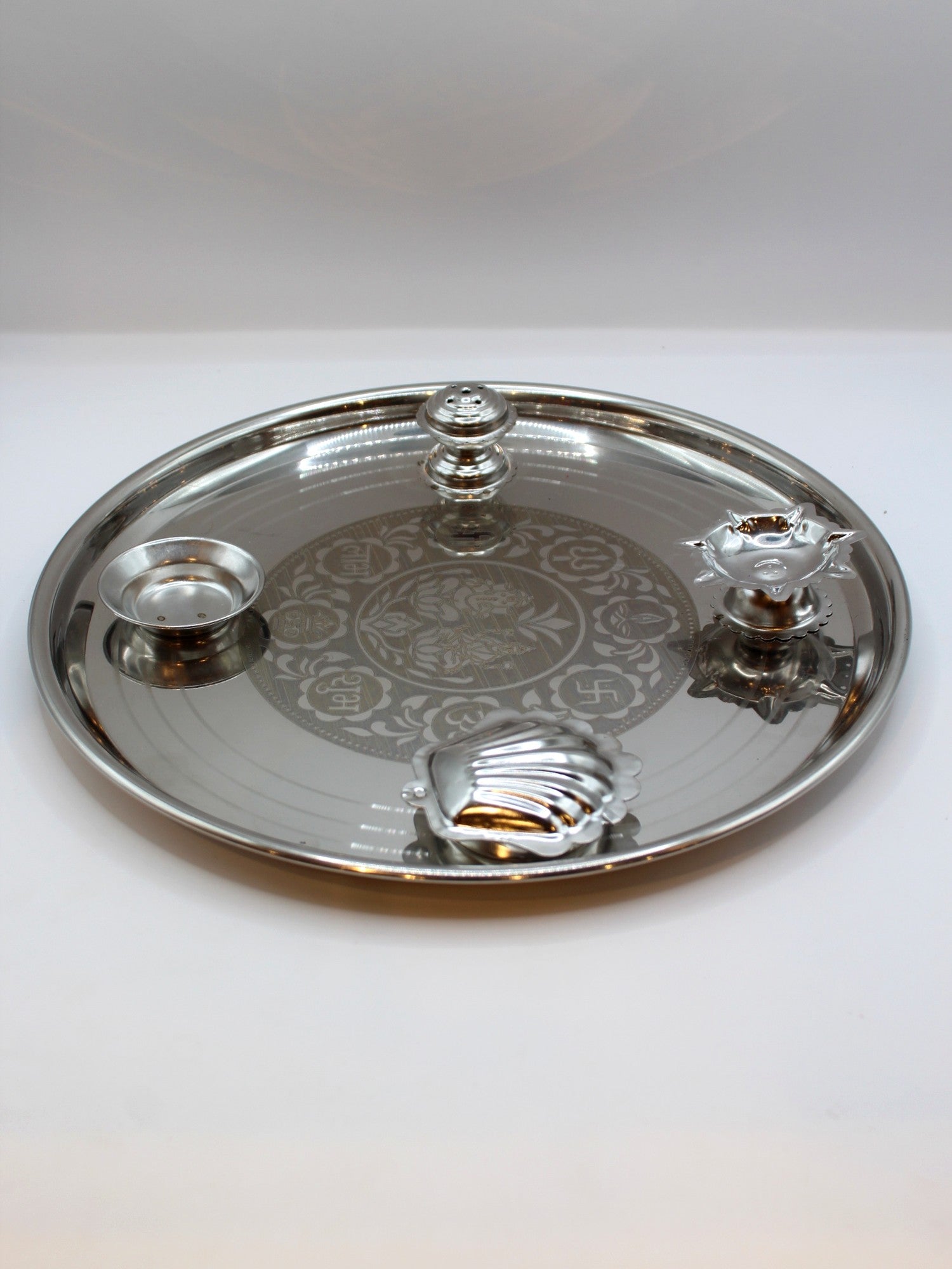 Fancy Steel Pooja Thali 11 inch – Shell Katori & Sun Diya