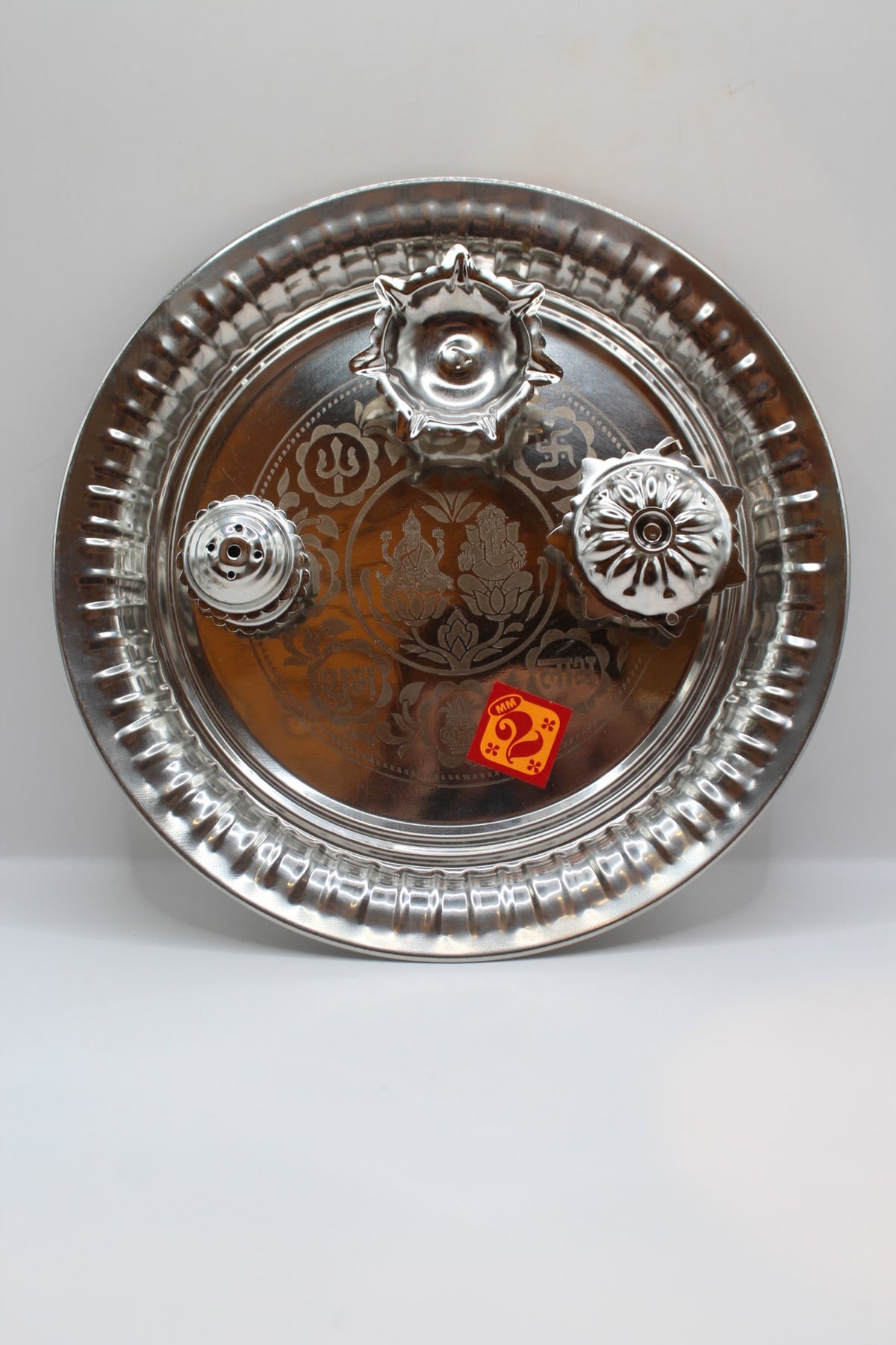 Steel pooja thali 9.5 inch with diya and holders, top view