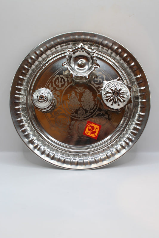 Steel pooja thali 9.5 inch with diya and holders, top view