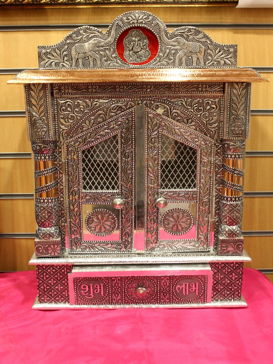 Oxidised silver mandir with jali doors and copper roof