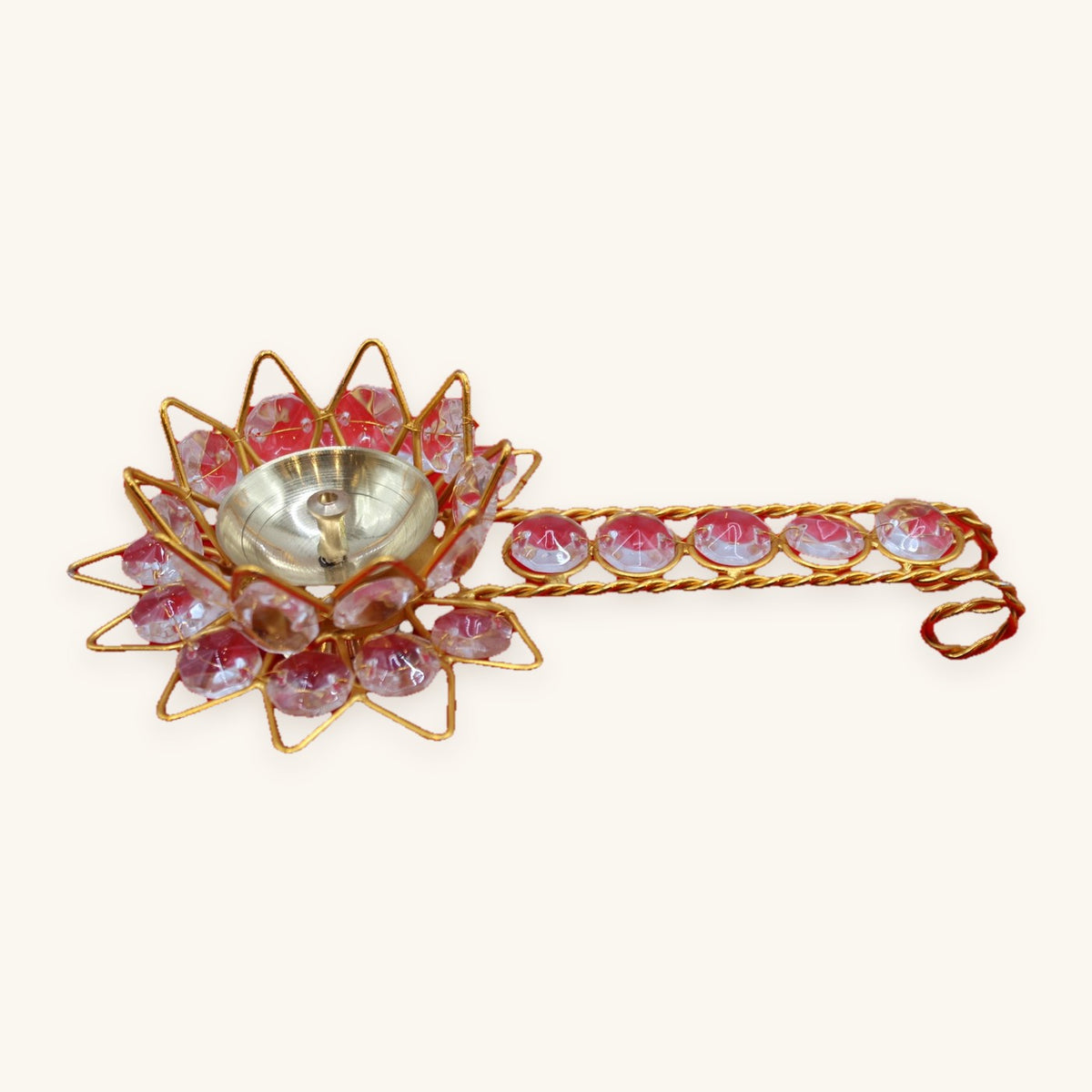 Stone-set lotus aarti diya with jewelled handle