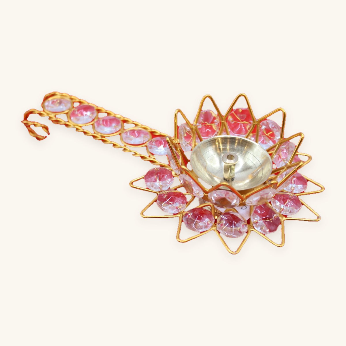 Stone-set lotus aarti diya, handle detail