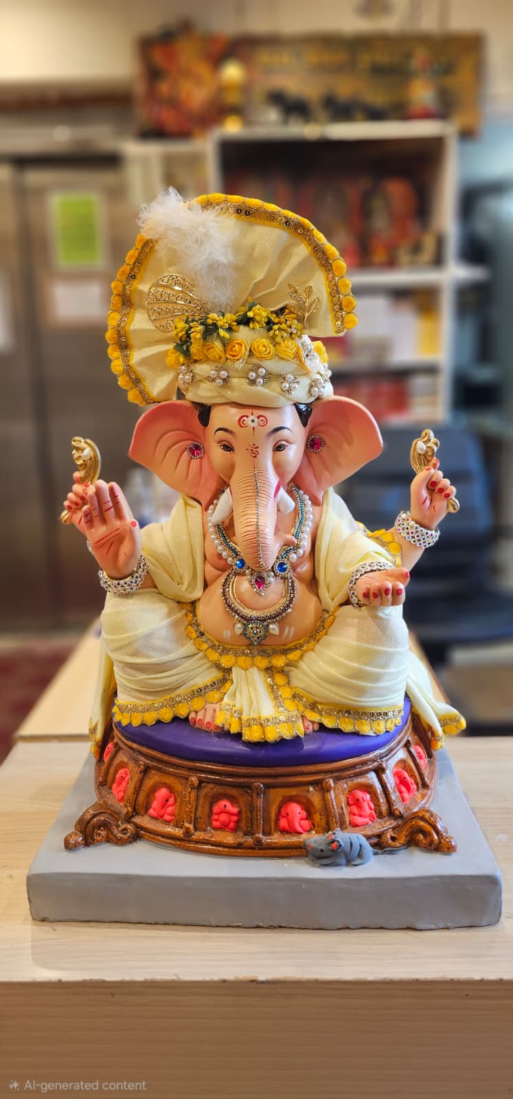 Eco-friendly Ganesh idol in cream and gold safa with pearl jewellery, Shri Venilals Wembley