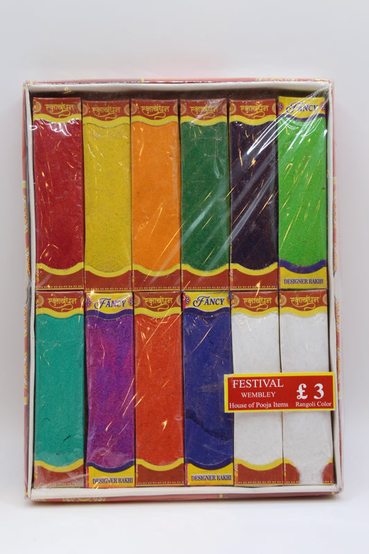 Boxed set of twelve rangoli colour powder sleeves