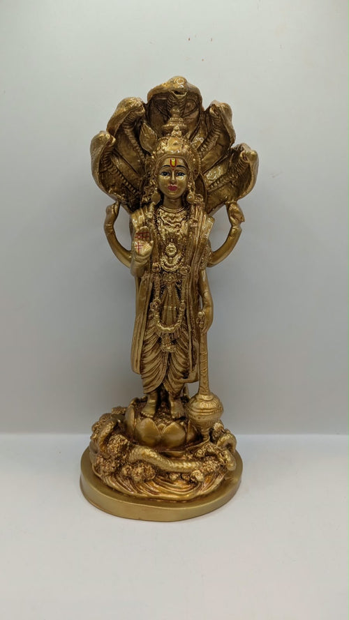 Lord Vishnu Resin Statue – Gold Finish with Snake Hood, 12 inch