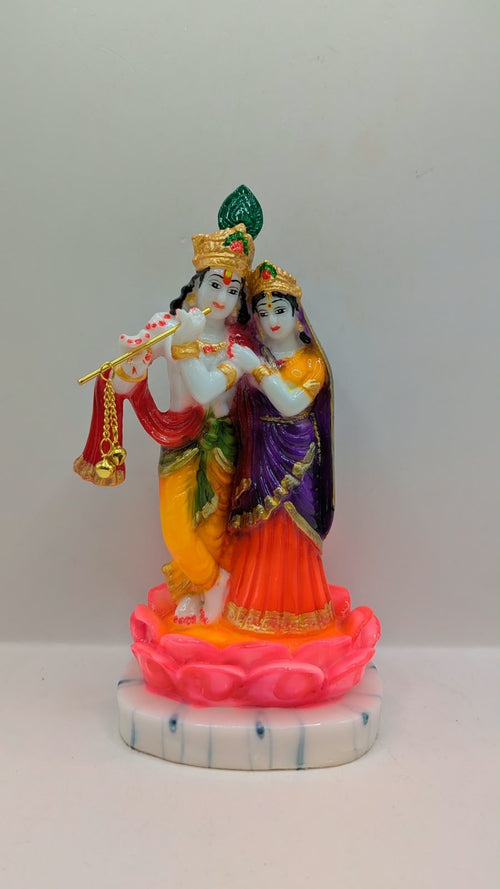 Radha Krishna Resin Statue – Colourful on Pink Lotus, 9 inch
