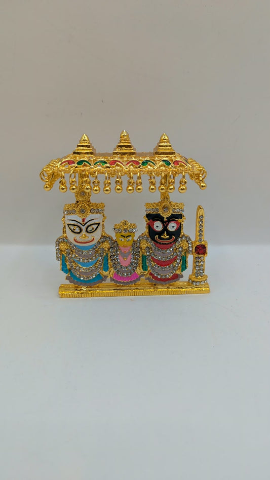 Jagannath Balabhadra Subhadra murti with gold canopy, front view