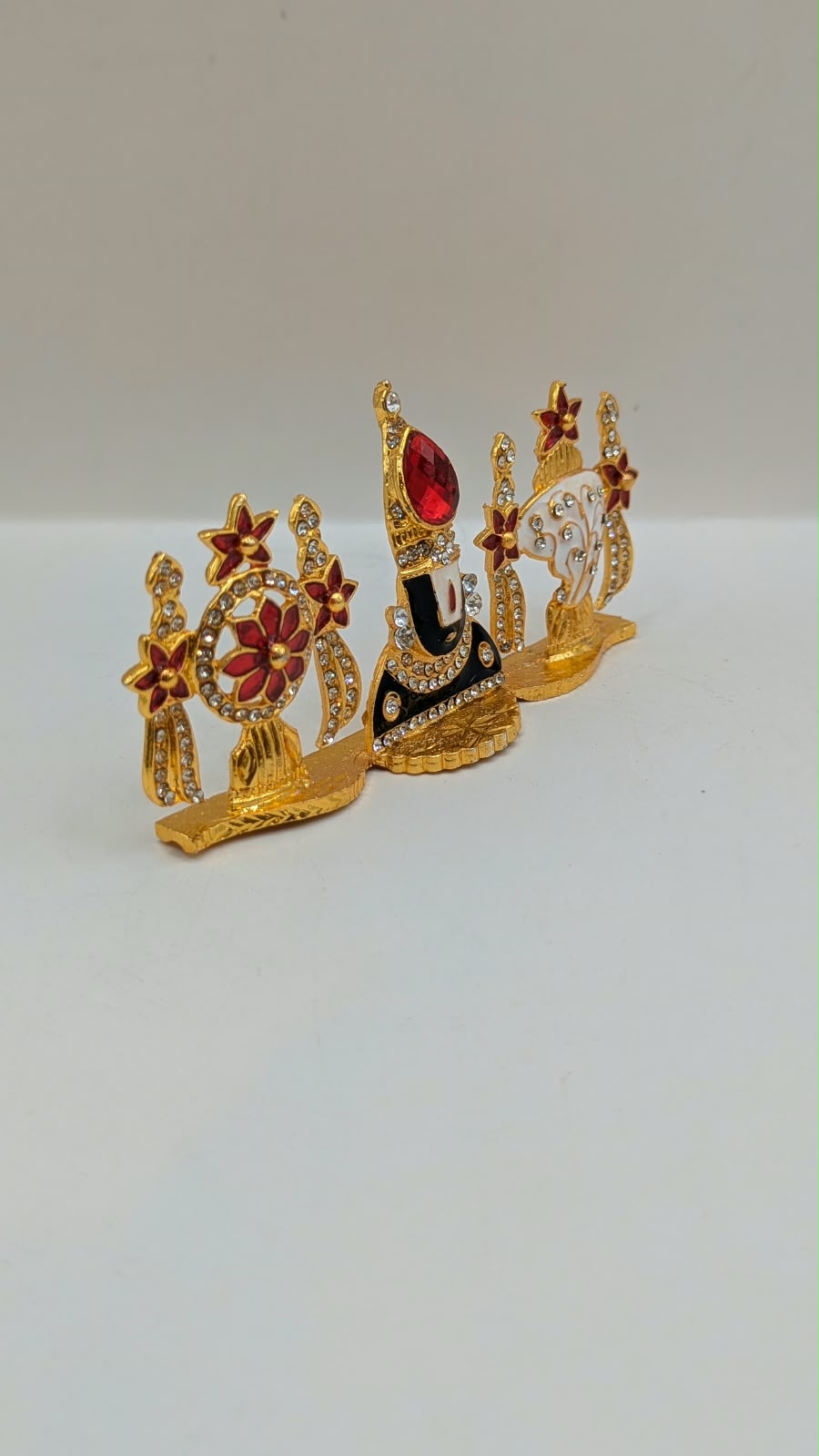 Gold Tirupati Balaji namam with shankh and chakra, side view