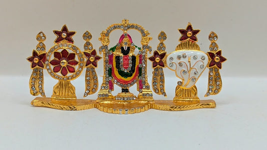 Gold Tirupati Balaji murti with shankh and chakra, front view