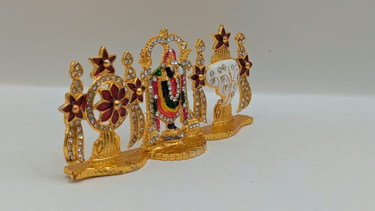 Gold Tirupati Balaji murti with shankh and chakra, side view