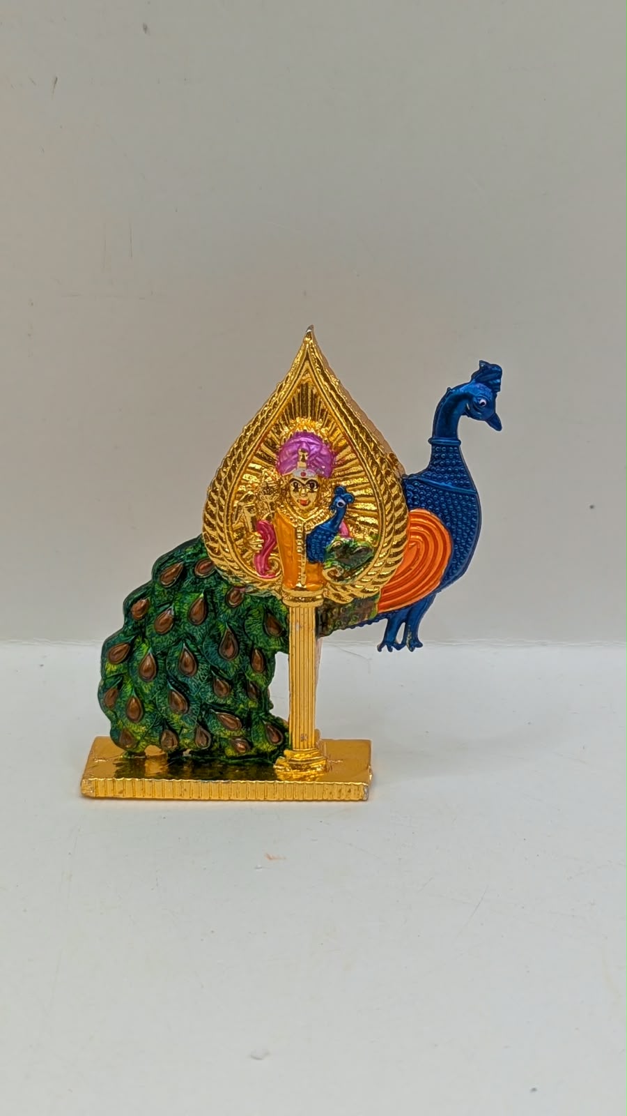 Gold Murugan Vel with peacock, front view