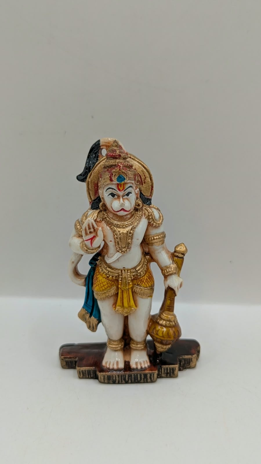 Blue and yellow standing Hanuman resin statue, front view