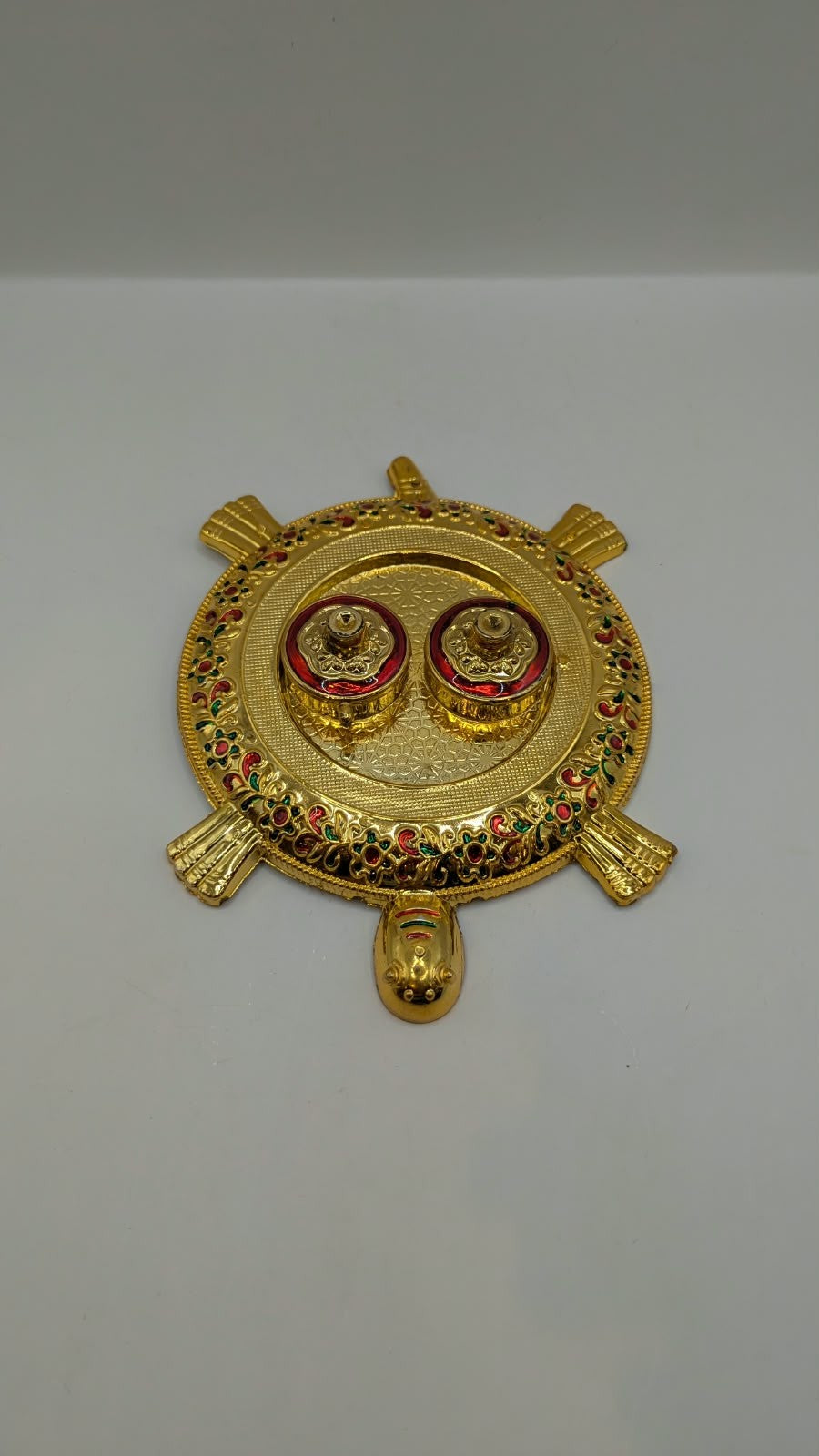 Gold tortoise kumkum holder with 2 boxes, front view
