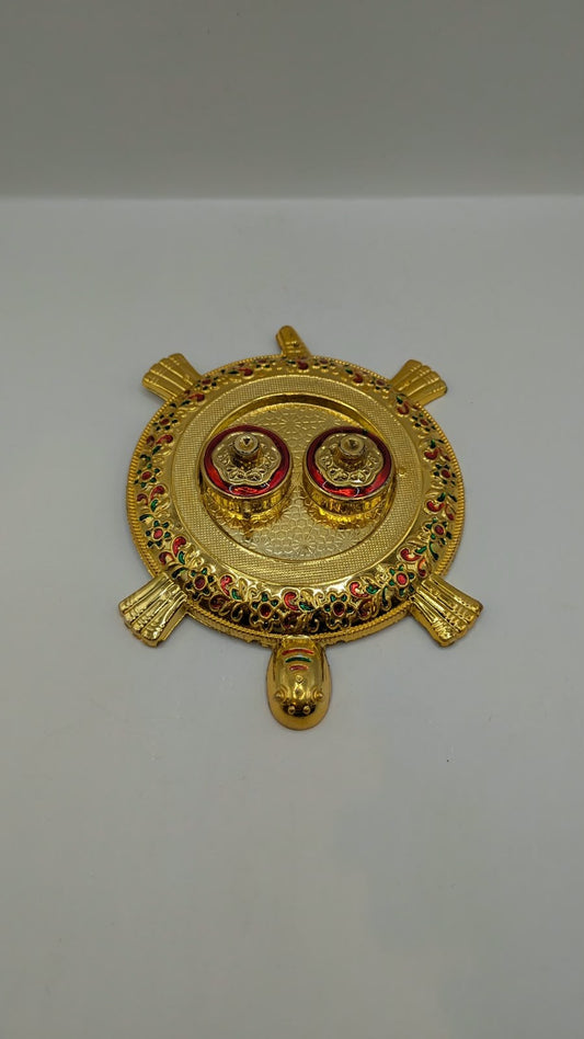 Gold tortoise kumkum holder with 2 boxes, front view