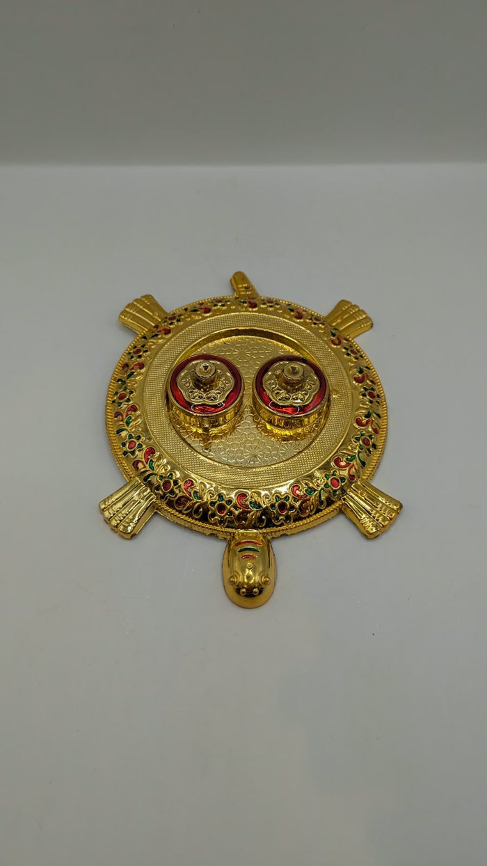 Gold tortoise kumkum holder with 2 boxes, front view