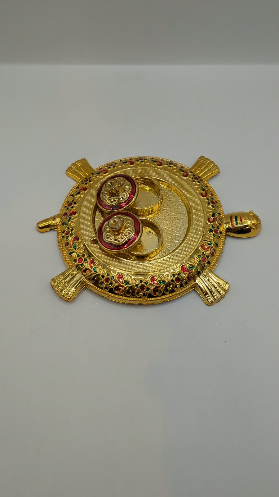 Gold tortoise kumkum holder with 2 boxes, side view