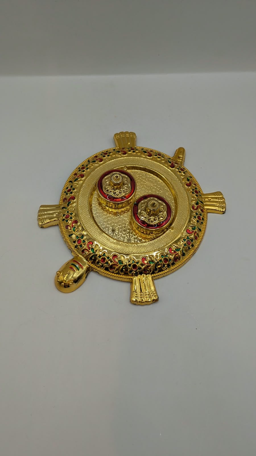 Gold tortoise kumkum holder with 2 boxes, other side view