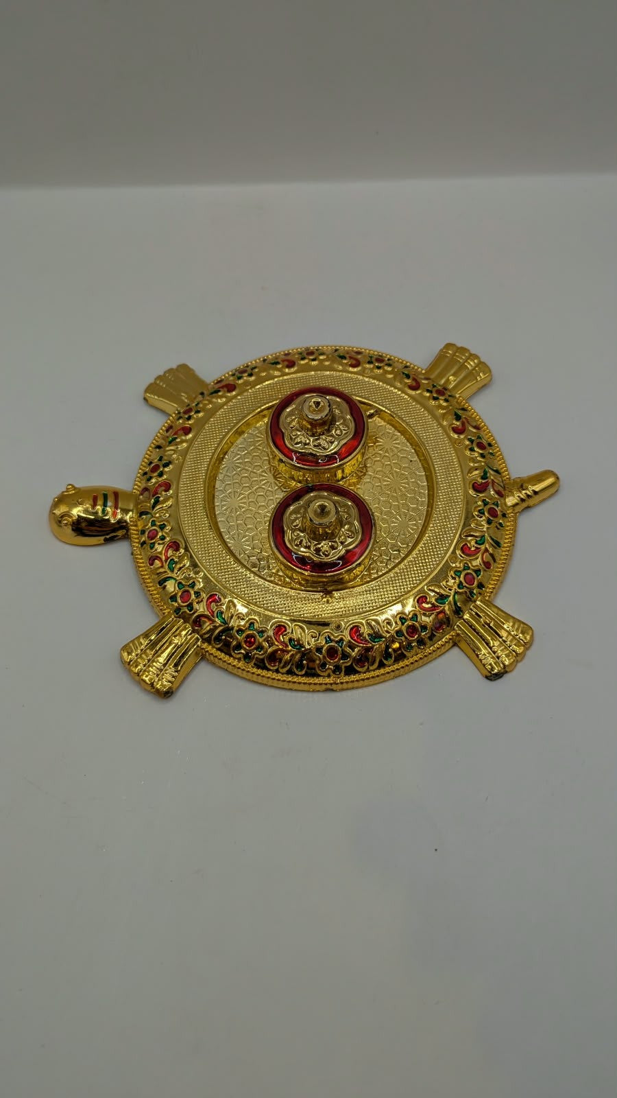 Gold tortoise kumkum holder with 2 boxes, back view