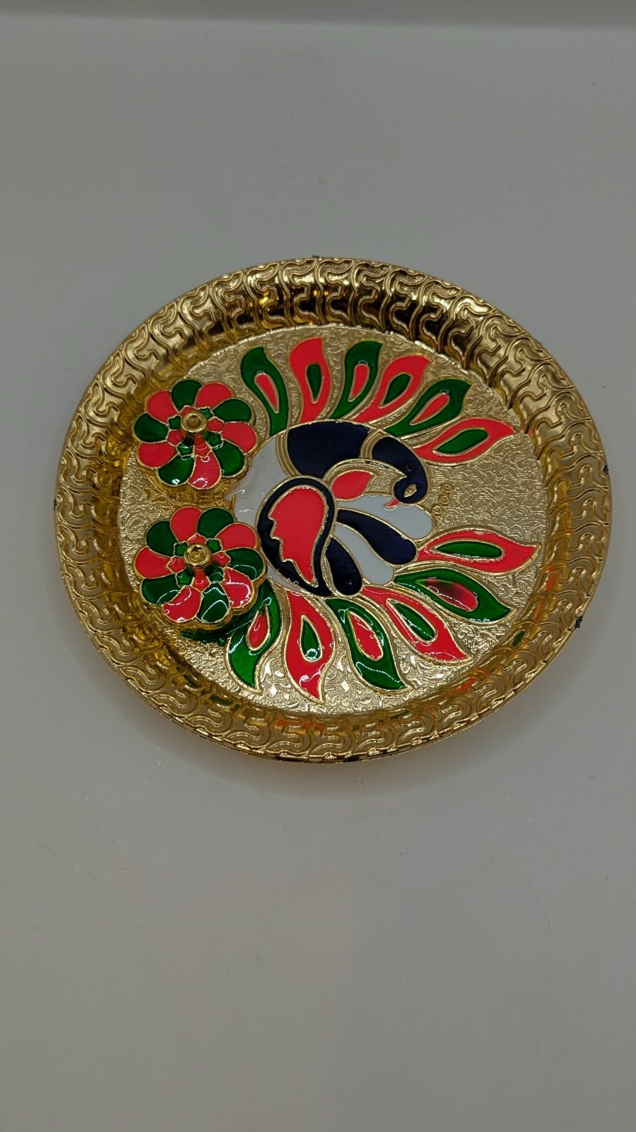 Gold peacock design puja thali, other view