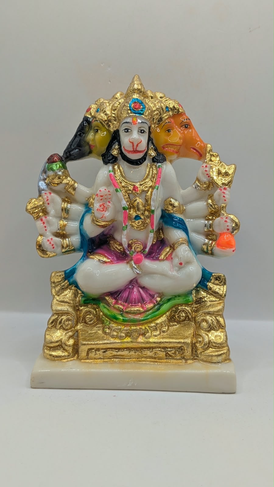 White and gold Panchmukhi Hanuman resin statue, front view