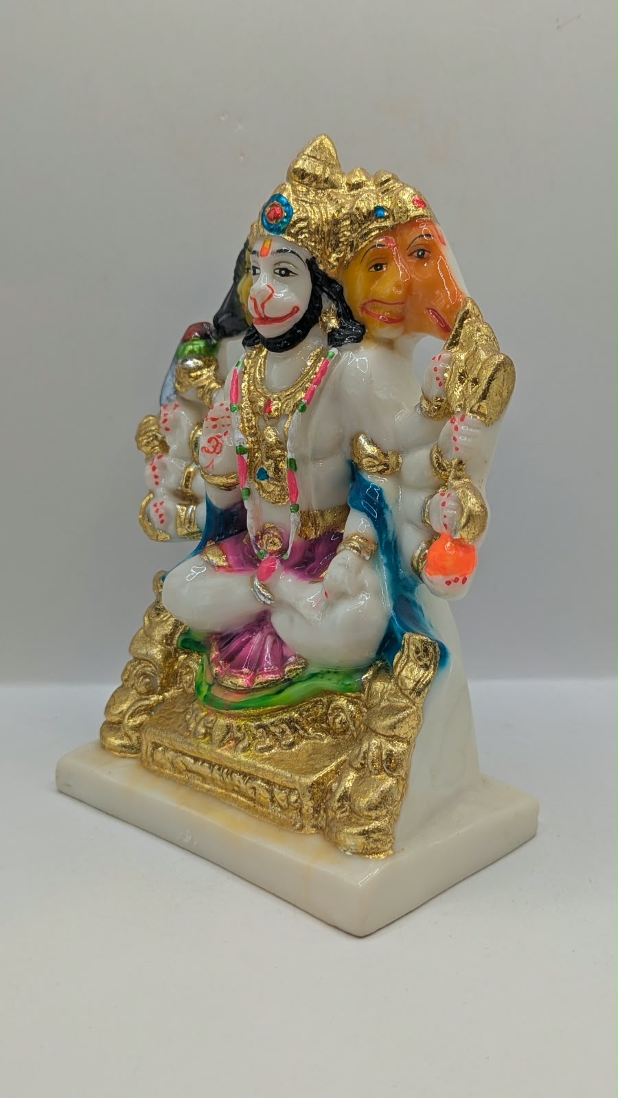 White and gold Panchmukhi Hanuman resin statue, other side view