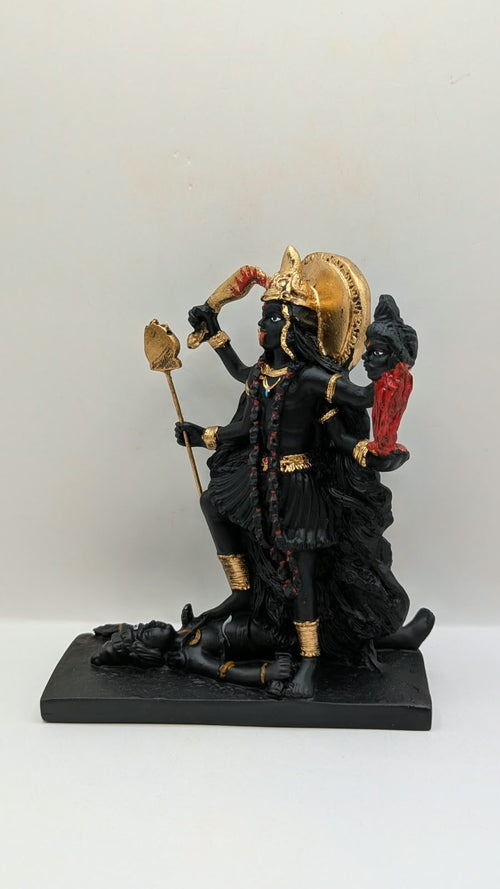 Kali Maa Resin Statue – Black with Gold Crown on Shiva, 8 inch