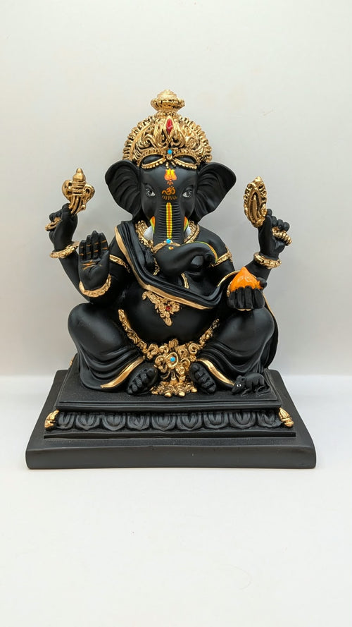 Ganesh Resin Statue – Black and Gold on Square Base, 9 inch