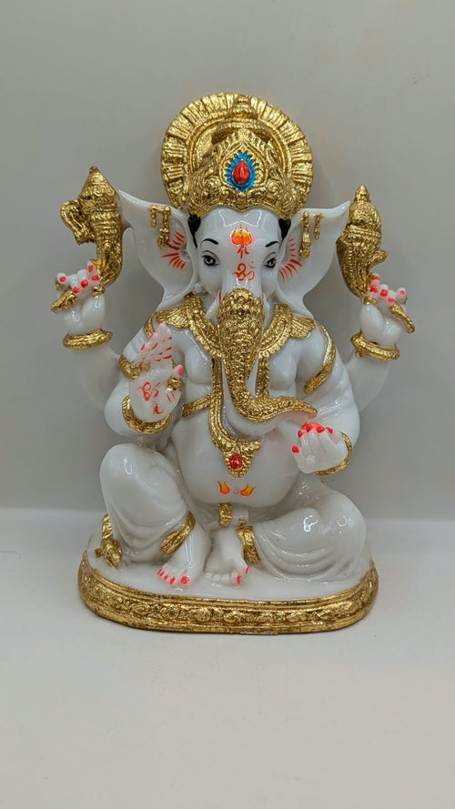 Ganesh Resin Statue – White and Gold, Sitting, 9 inch