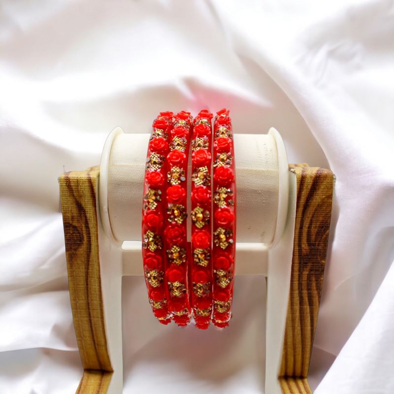 Indian Plastic Bangles Set 4-Stone&Flower Work Women Girl Wedding Special Bangle