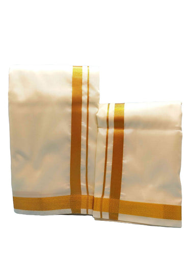 Veshti Dhoti Mundu Vatti Vetti Sattai for Men Pattu Silk Blend with Ready Angavastram Shawl