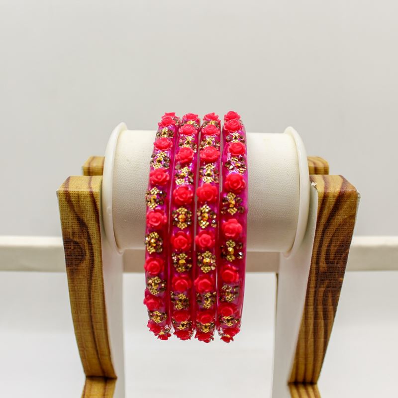 Indian Plastic Bangles Set 4-Stone&Flower Work Women Girl Wedding Special Bangle